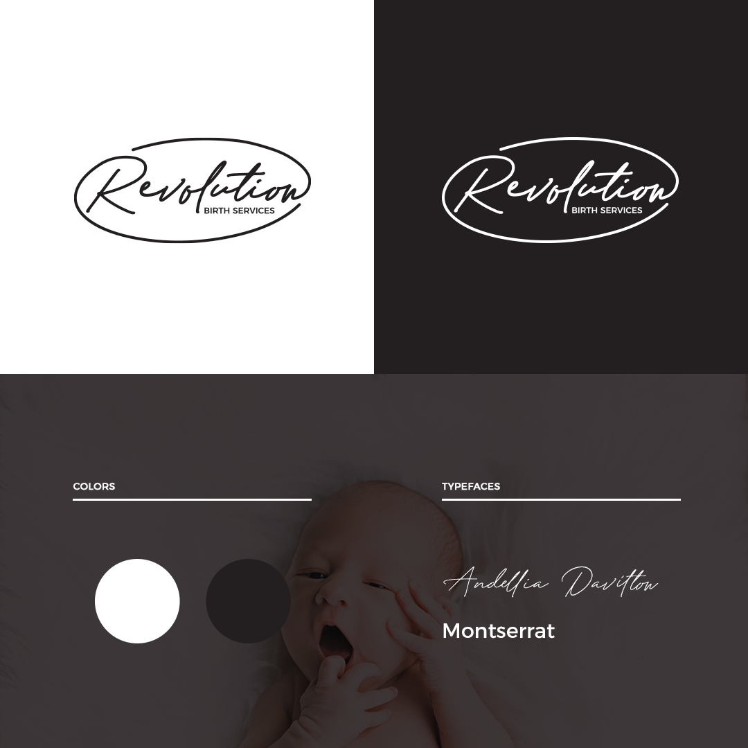 Revolution Birth Services branding with logo alternatives, brand colors, and typefaces by Sarah DaSilva