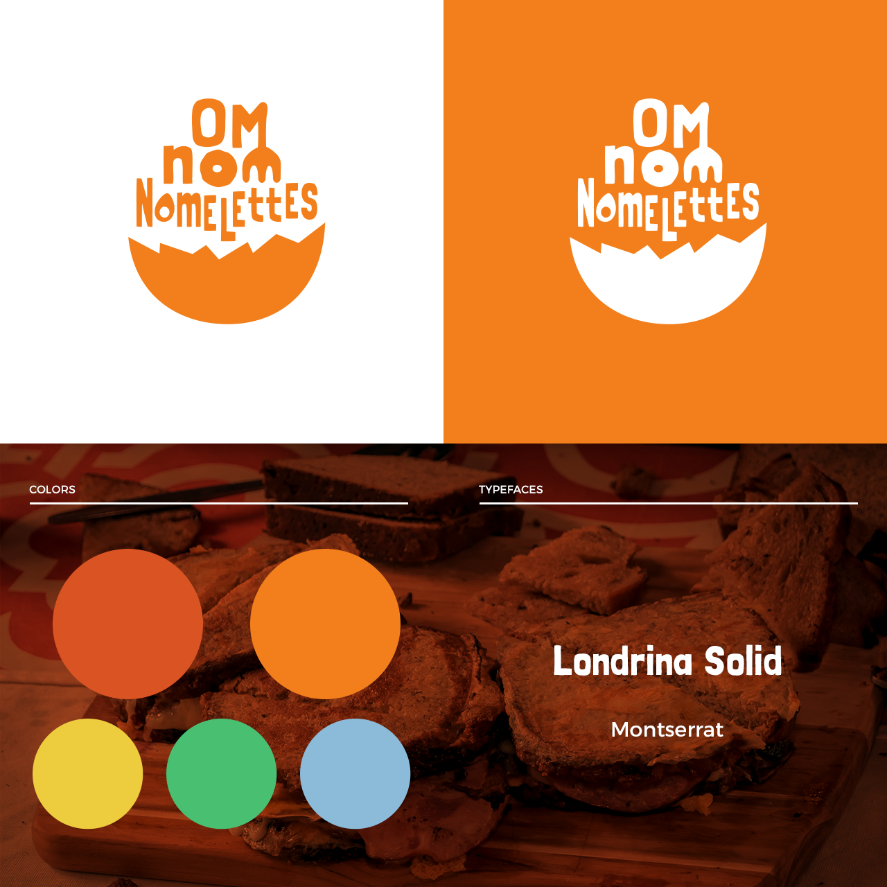 Om Nom Nomelettes branding layout with colors and typefaces